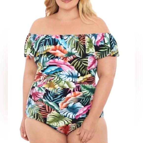 Swim Solutions Ruffled Off The Shoulder Tummy Control Swimsuit NWT Size 20 📦 - Picture 1 of 9